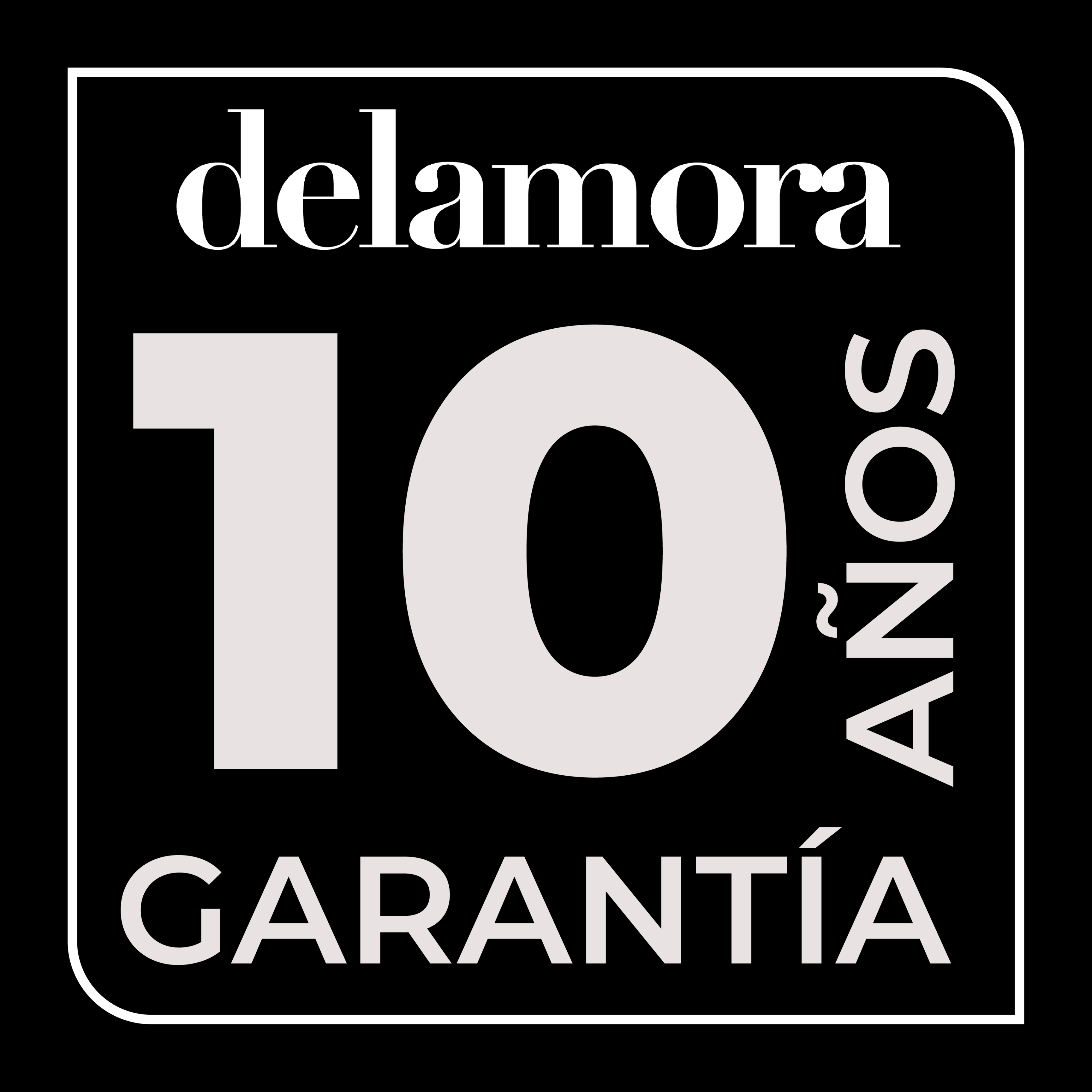 Logotipo de Delamora con la frase 10 años garantía