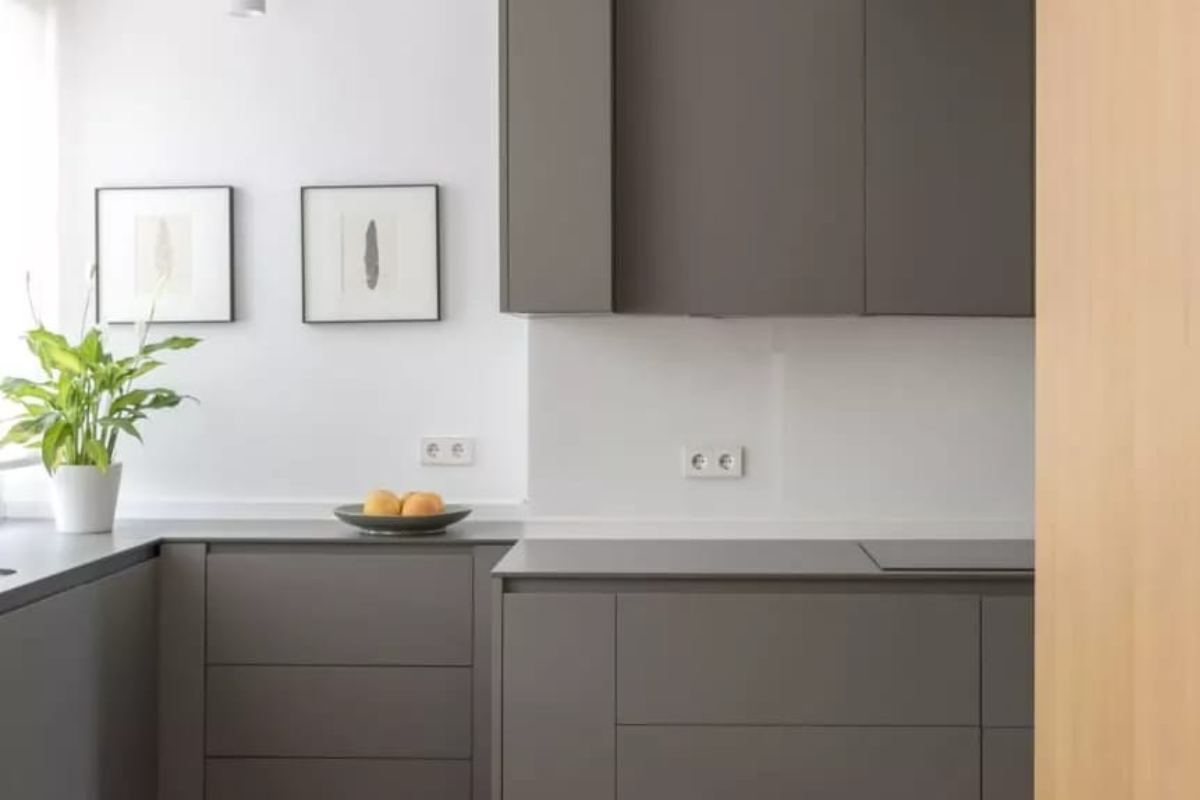 Cocina con muebles oscuros y decoración minimalista con plantas