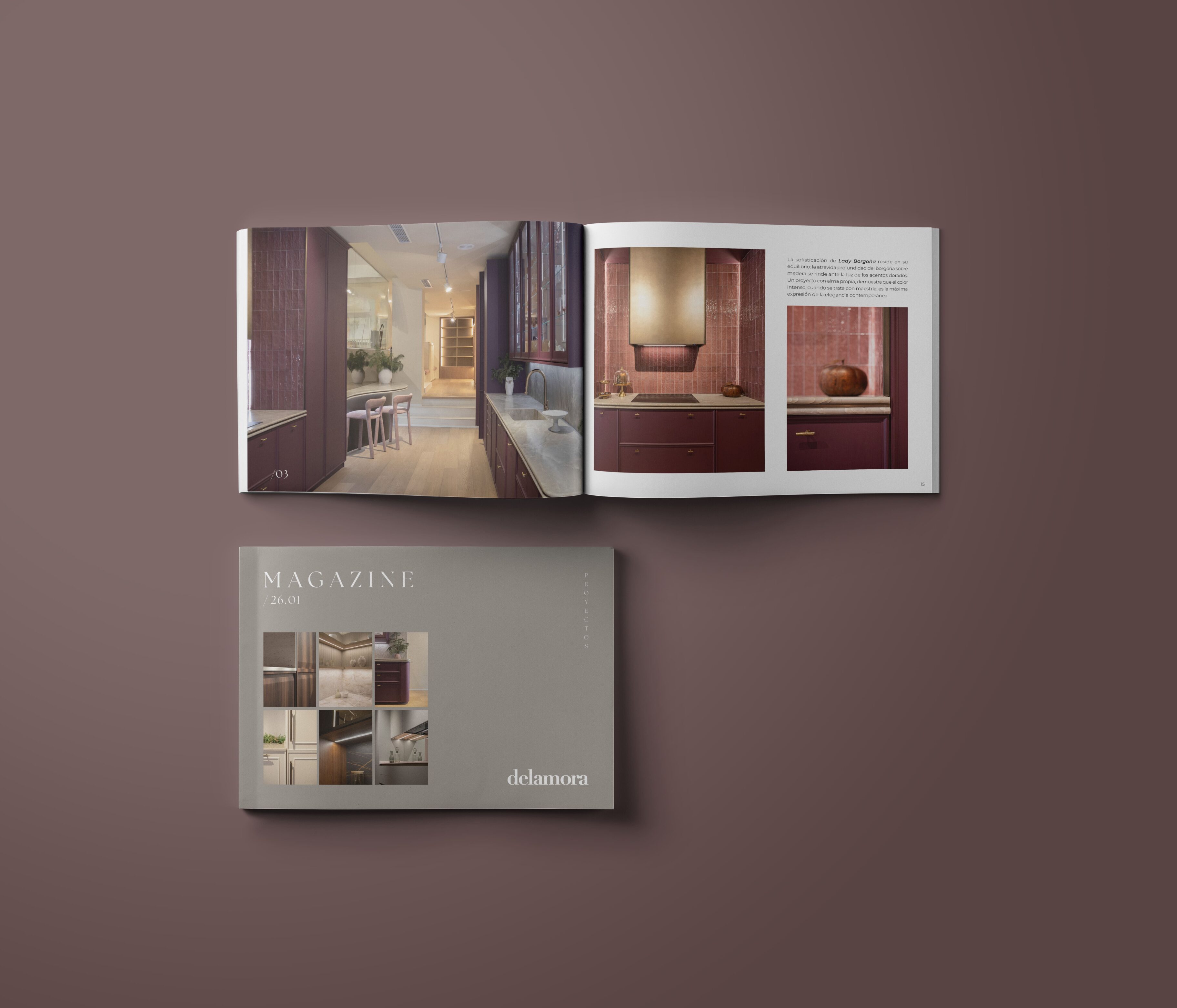 Revista de diseño de interiores abierta mostrando cocinas modernas con detalles de mobiliario